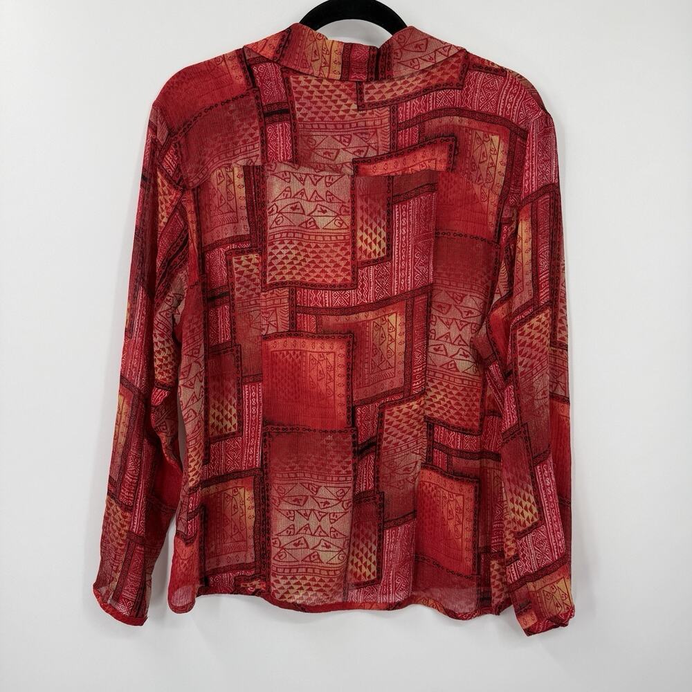 Chicos 3 Silk Crepe Button Up Top XL Red Patchwork Print Long Sleeve Artsy - Picture 8 of 11